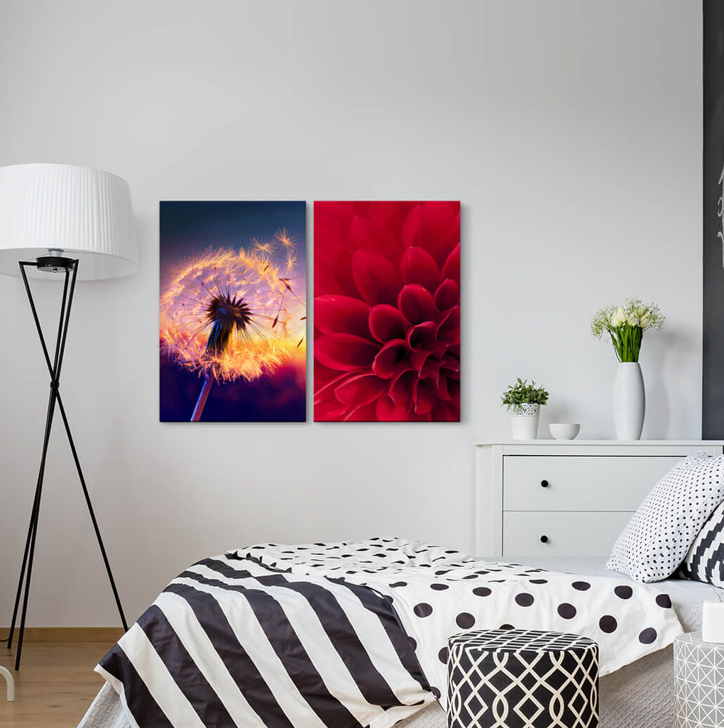 2-tlg. Leinwandbilder-Set - Fotografie „Dahlia Red Blossom Blowball Summer Dusk Dusk Sunset”