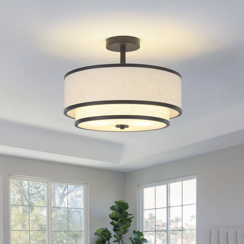 Matte Black Double Drum Semi Flush Mount Ceiling Light with Fabric Shade