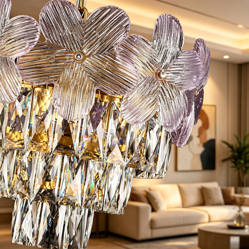 Lustre moderne à fleur mauve, luminaire suspendu en cristal doré à 3 lumières de 14 pouces K9, petit luminaire élégant à 4 niveaux pour la salle à manger, îlot de cuisine, chambre à coucher