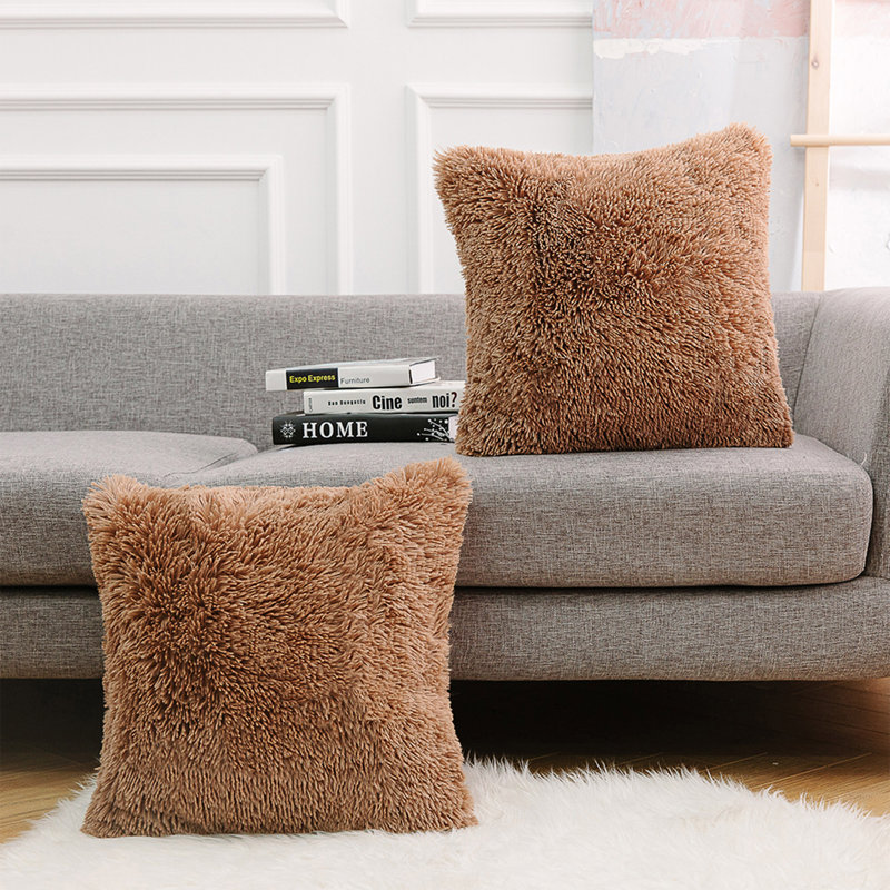 Tassels Faux Fur Pillow Cover, 20"H x 20"W, Khaki
