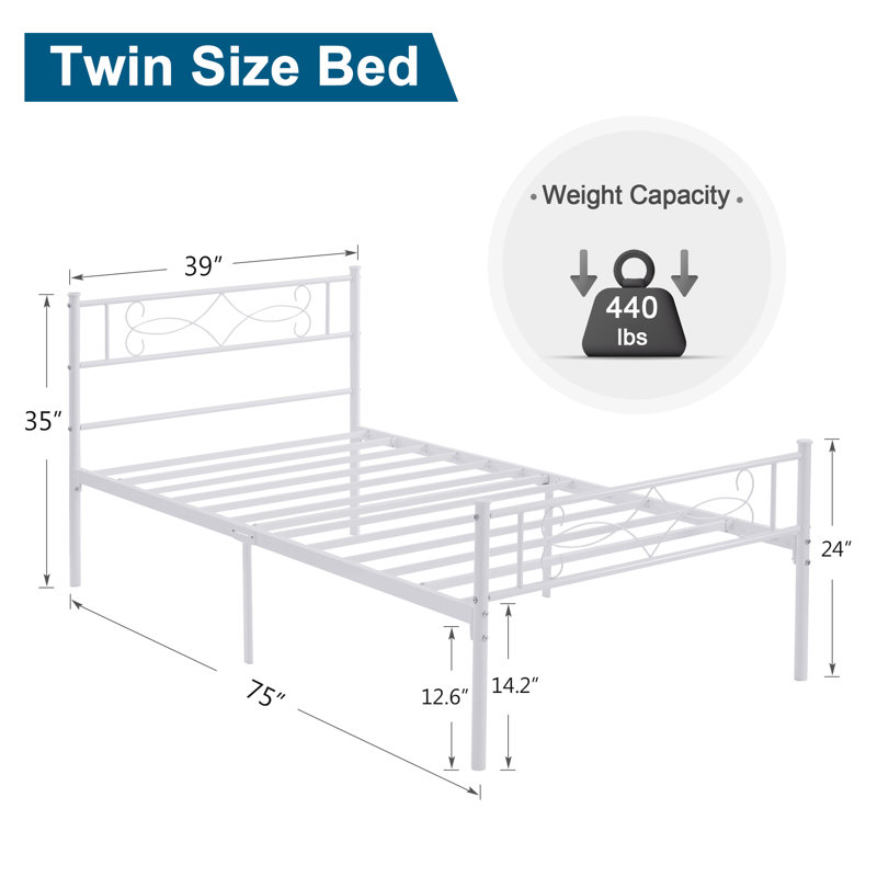 Structure de lit simple avec lit plateforme et tête de lit en métal, sommier sans sommier, Lit simple, Blanc