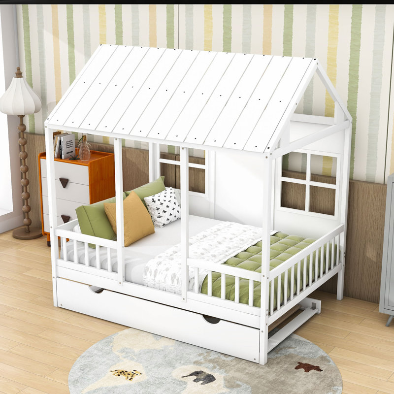 Lit en bois en forme de maison avec fenêtre et lit gigogne simple, Double