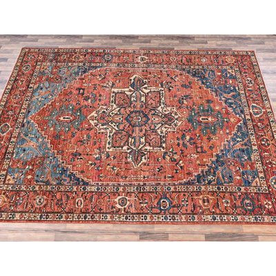 9'4"x13'1" Burnt Orange, Aryana Collection, Serapi Heriz with Large Medallion Design, Vegetable Dyes, High Mountain Wool, Hand Knotted, Soft Pile, Densely Woven, Oriental Rug