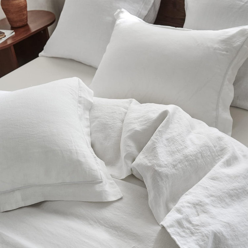100% French Linen Pillowcase Set Of 2, Pure Flax Pillow Covers With Embroidered, White, King Pillowcase