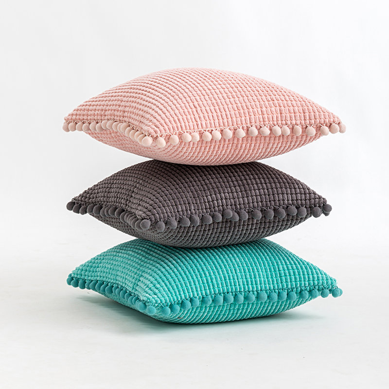 Pom-poms Cotton Blend Reversible Pillow Cover, 20" x 20", Teal