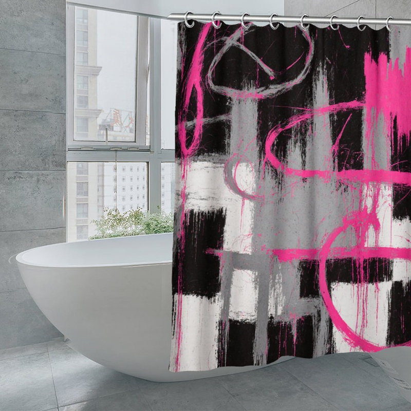 Rideaux de douche rose et gris à motif abstrait brossé 71 x 71 pouces, Rose / noir / blanc abstrait