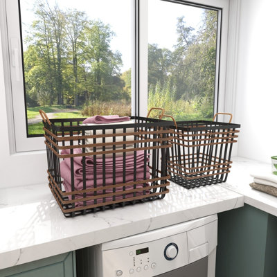 Panier de rangement carré en bois de bambou noir avec accents bruns, ensemble de 2