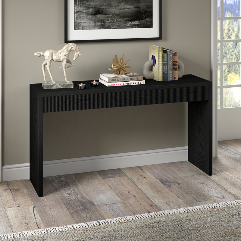55" Wide Fluted Console Table with Sled Base — Black Grain Scandinavian MDF Entryway Table for Living Room or Hallway | Rowe