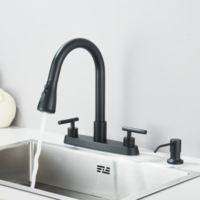 Robinet de cuisine noir mat avec distributeur de savon, robinet coulissant à 2 poignées de 8 pouces, robinet d'évier moderne à grande arche pour éviers à 3 ou 4 trous