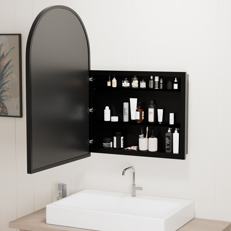 30"W×39"H Recessed or Surface Mount Arch Medicine Cabinet with Mirror with Metal Frame with Adjustable Shelf, Black