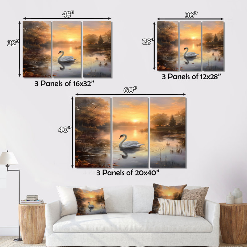 Art animalier sur toile, Swan Sunset Nature Decor - White Swan Romantic Sunset I, H 28 po x l 36 po x P 1 po