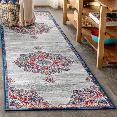 Tapis perse moderne bleu marine / rouge à motif médaillon marocain rétro Blazek
