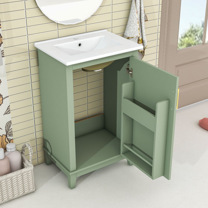 Meuble-lavabo simple autoportant en bois Marsallo avec lavabo en céramique et porte à fermeture en douceur, Vert