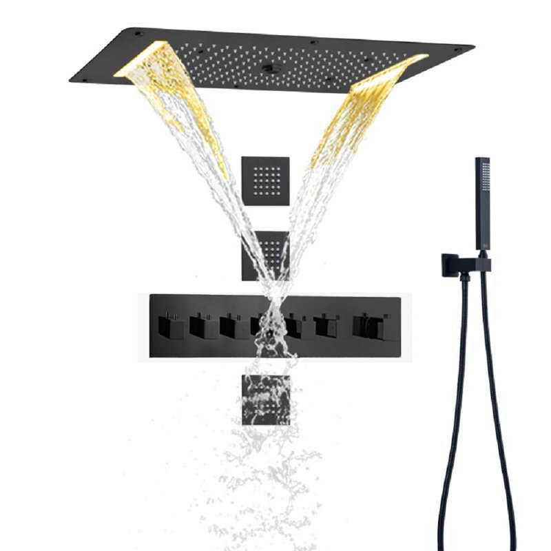Gela Matte Black Thermostatic LED Waterfall Rainfall Mist Water Column Shower System with Handheld Shower and Jetted Body Sprays