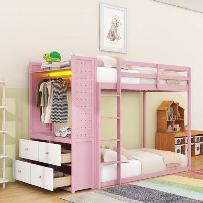 Twin over Twin Wood Bunk Bed with 4-Drawer Storage