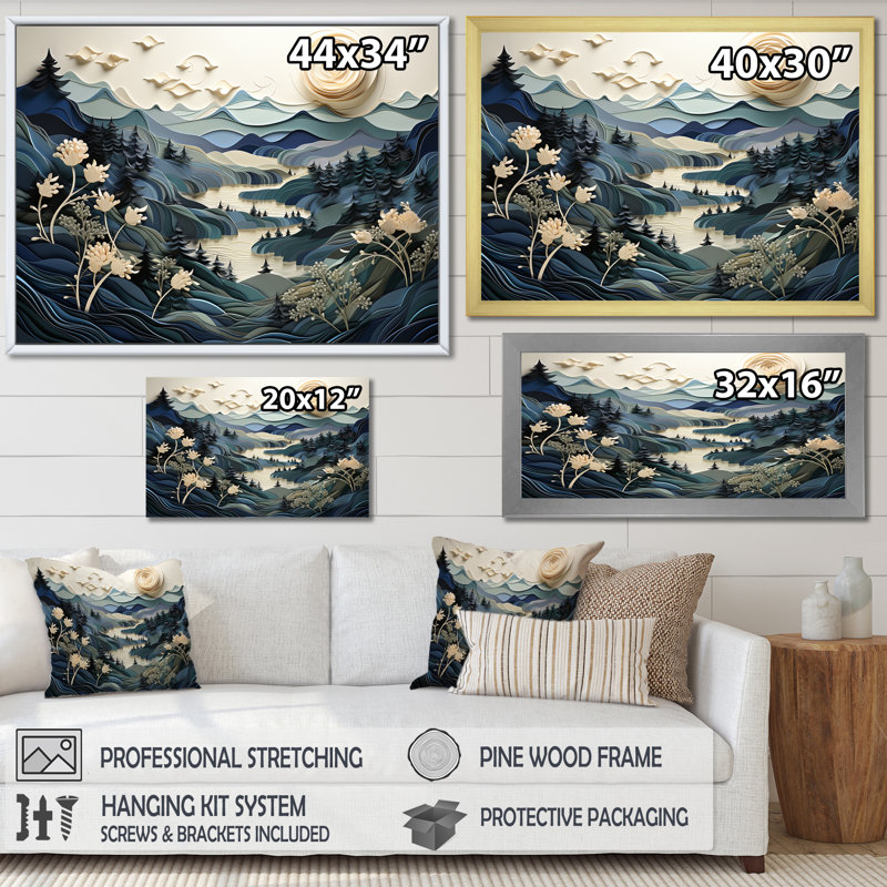 «Vintage Winter River In Japon I», art mural paysage d'hiver, Cadre flottant brun, H 16 po x l 32 po x P 1 po