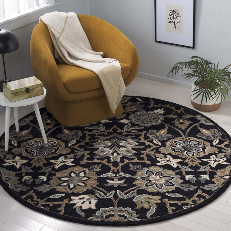 Bijal Hand Tufted Wool Cotton Floral Rug in Beige/Black, Round 6'