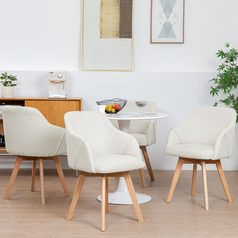 Beige Linen Upholstered Swivel Side Chair with Beech Wood Legs, Set of 2