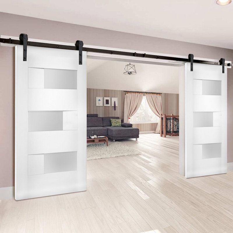 Portes de grange blanches en verre givré Sete avec trousse de quincaillerie d'installation, Noir, 64 po x 96 po