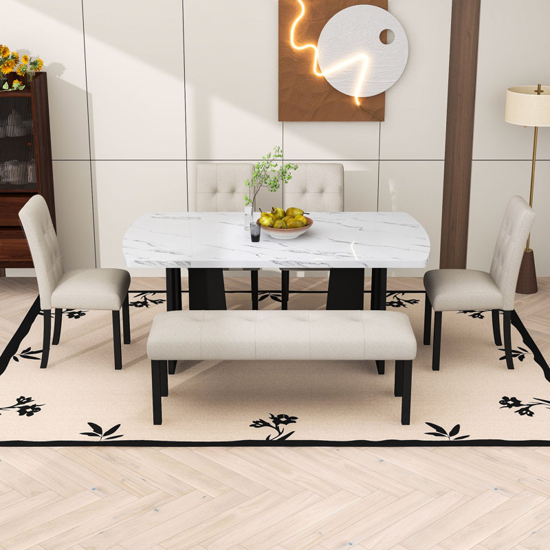 Ensemble de table de salle à manger 6 pièces, table de salle à manger en faux marbre avec pieds en bois d'hévéa, chaises rembourrées et banc