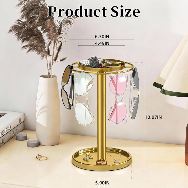Organisateur de lunettes de soleil rotatif 360 °, support à lunettes en acier inoxydable avec plateau de rangement, or