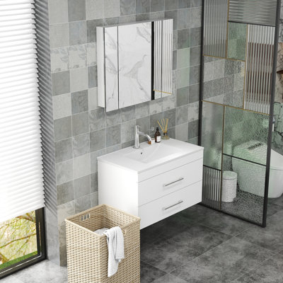 32-Inch White Gloss Wall-Mounted Bathroom Vanity With Double Drawers, Soft-Close System,Ceramic Sink, Create A Modern And Minimalist Bathroom Space!