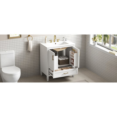  30" Elegant Fluted Bathroom Vanity With Ceramic Sink, Single Box Shipping, Solid Wood Legs, Soft-Close Doors & Drawer, Door Shelf, White