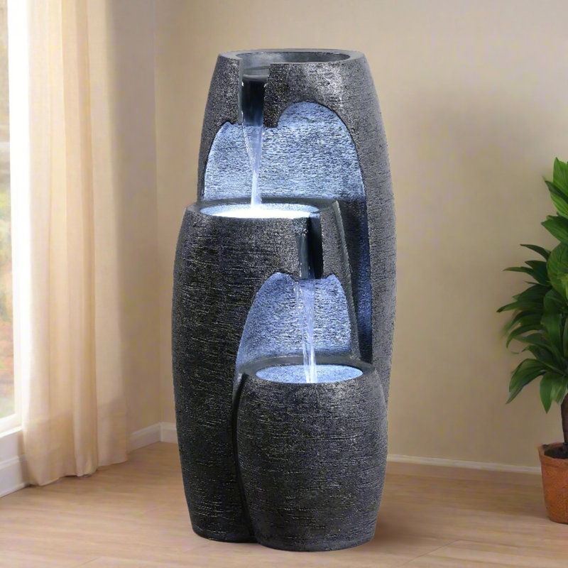 Weather Resistant Floor Fountain with Light, Black