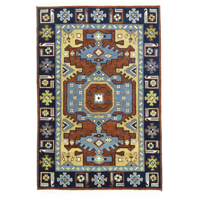 Tapis oriental rouille / bleu / jaune 4 x 6 Kazak Tribal