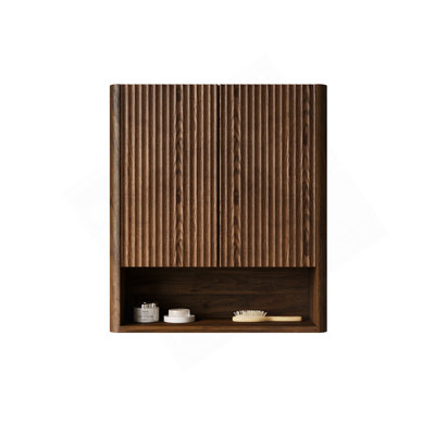 26" Wall-Mounted Striped Bathroom Cabinet, With Doors, Shelf And Open Storage Compartment Over The Toilet Storage Cabinet For Bathroom, Kitchen, Laundry Room, Dark Walnut Woodgrain Color Finish