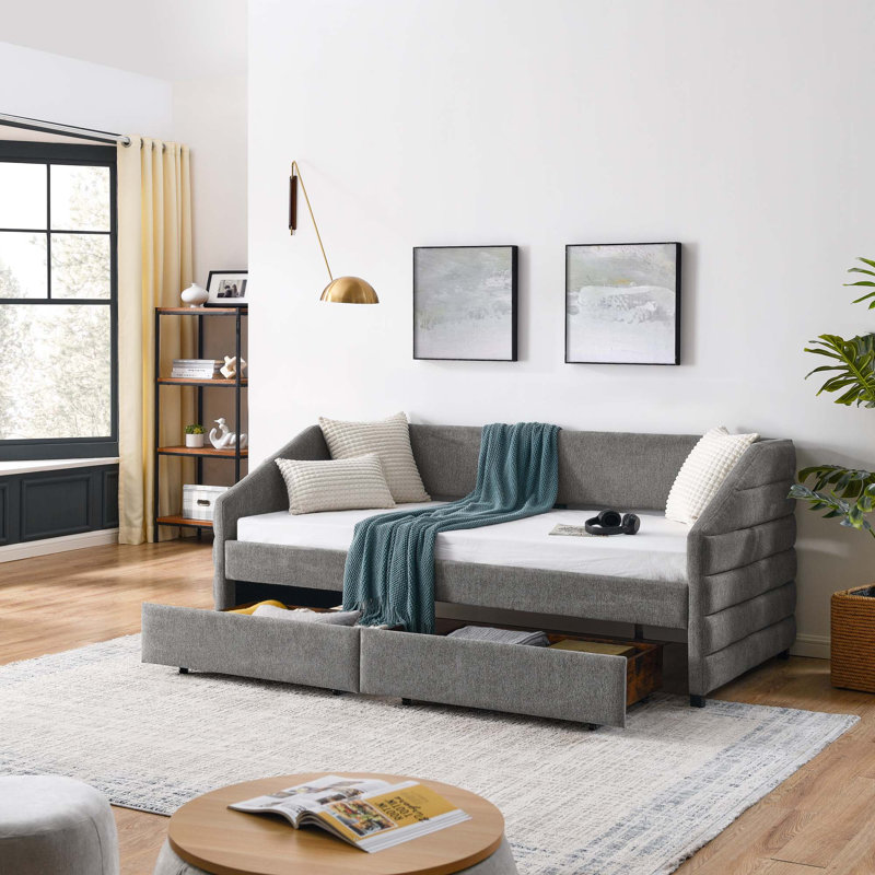 Daybed With Two Drawers Trundle Upholstered Tufted Sofa Bed, Linen Fabric, Gray, Twin