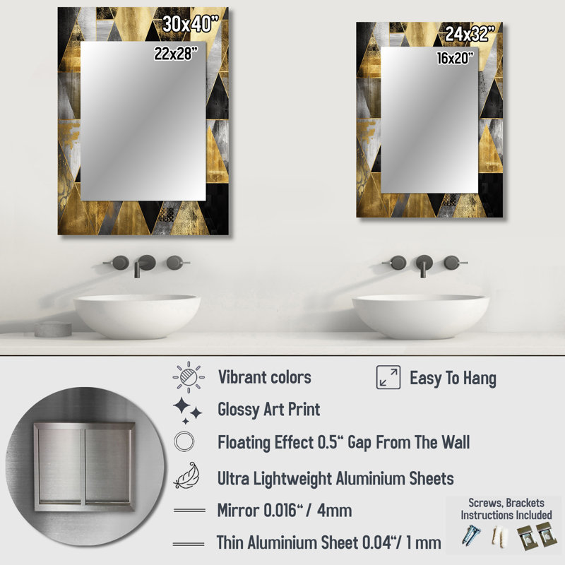Gold Geometric Order II - Geometric Decorative Wall Mirror, Modern Mirror, Printed Metal Art, 32" x 24"
