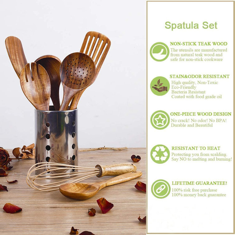 Wooden Ladle Spoon Set, 3 Size Teak Wood Kitchen Serving Spoon with Back  Hooks for Pot & Bowl, Non-Stick Wooden Spoon Set for Cooking, Serving and
