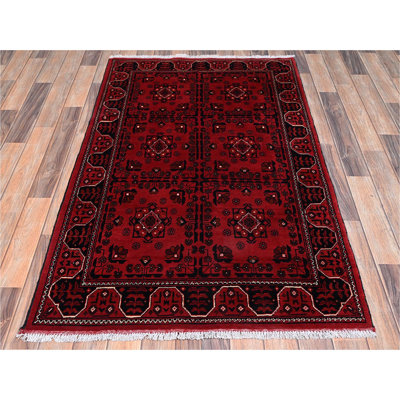 Tapis oriental 3 pi 4 po x 5 pi 2 po rouge cramoisi, motif Andkhoy afghan avec motif géométrique, laine douce et veloutée, noué à la main