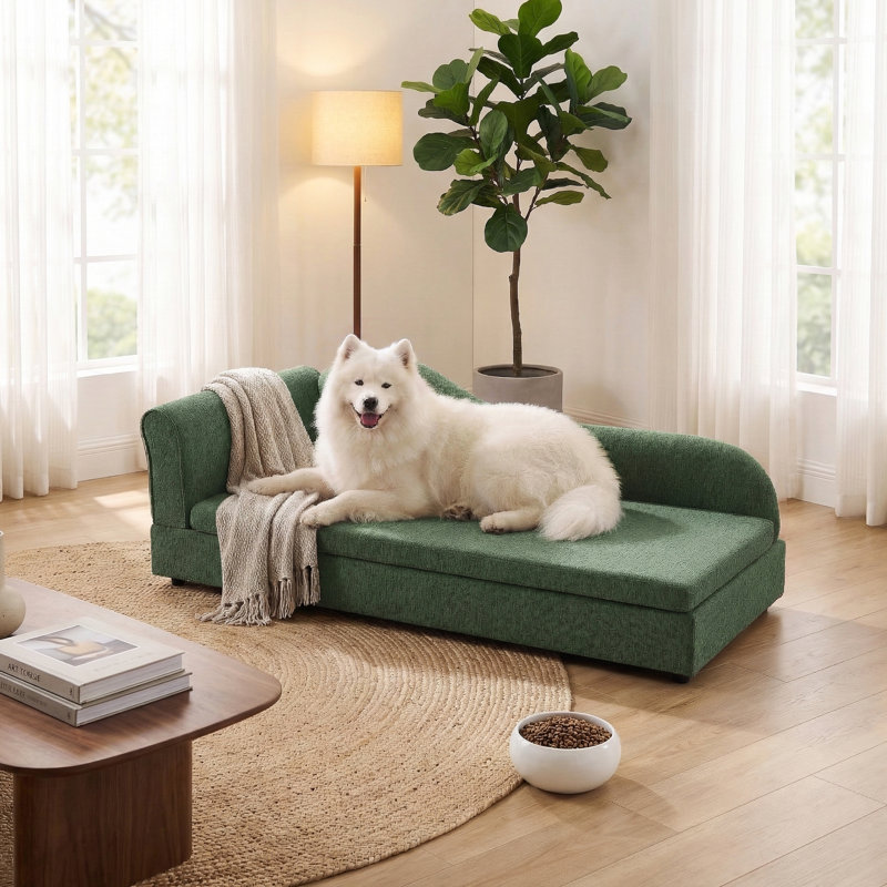 Oversized Chaise-style Pet Sofa For Medium & Large Dogs With Wave Backrest, Single Armrest, Removable Cushion & Breathable Linen Fabric