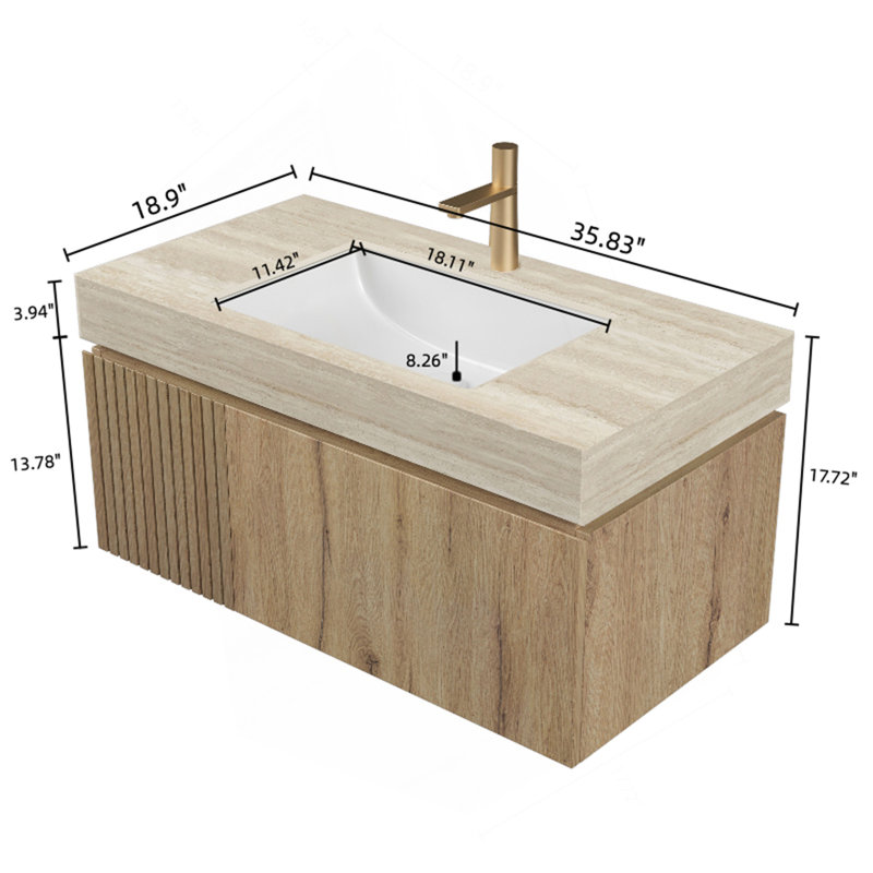 36" Bathroom Vanity With Sink, Wall-Mounted Plywood Bathroom Storage Cabinet With Drawer & Door, Travertine-Pattern Sintered Stone Countertop With Basin, Pre-Assembled, White Oak Woodgrain Color