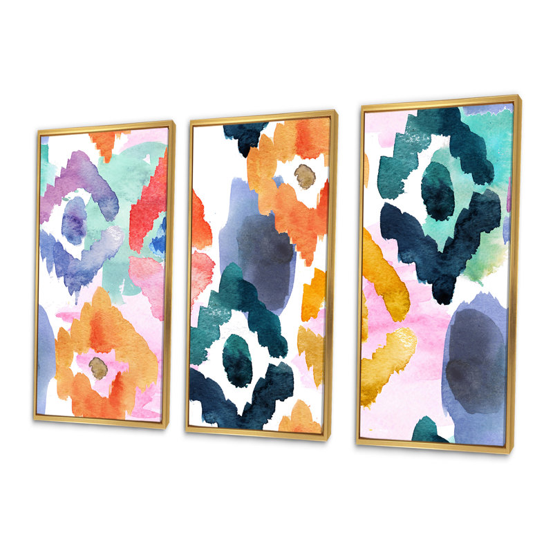 Ornement orange, bleu et vert - ensemble d'art mural moderne sur toile encadrée moderne de 3, Cadre doré