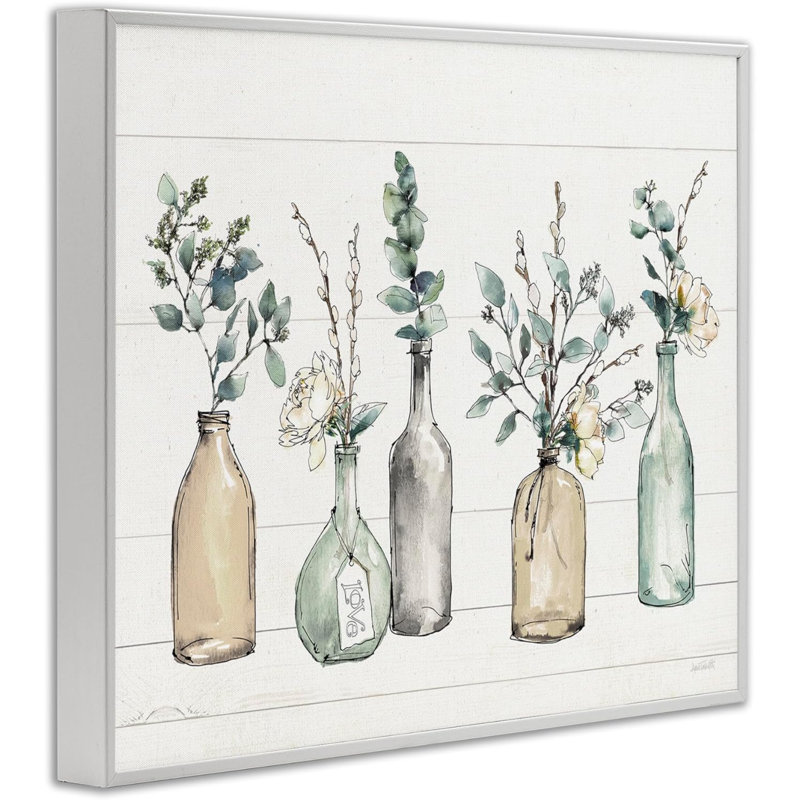 «Bottles And Plants Farm Wood Textured», art mural par Anne Tavoletti, multicolore, encadré blanc, H 30 po x l 24 po