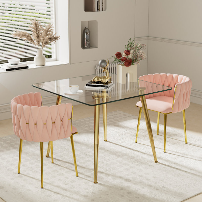 Ensemble de salle à manger à piédestal carré avec chaise tissée, Rose