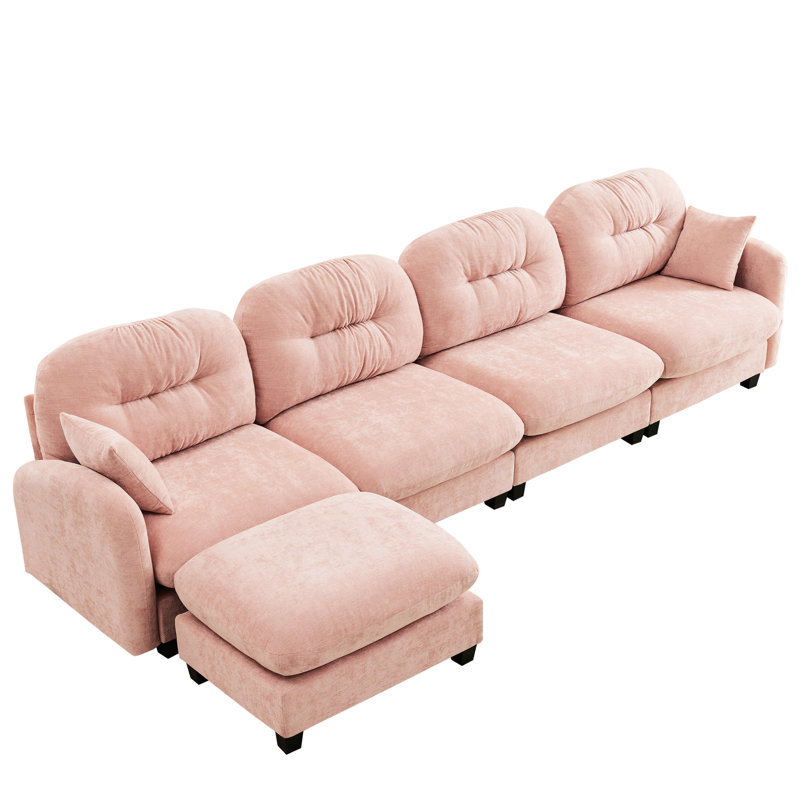 Chenille rose modulaire à 4 places en forme de L avec un design ergonomique et mobile pour les petits salons, Chenille rose