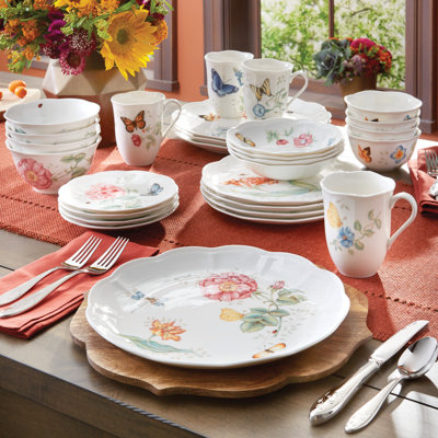 Lenox Butterfly Meadow Porcelain 28-Piece Dinnerware Set, Dishwasher Safe, White