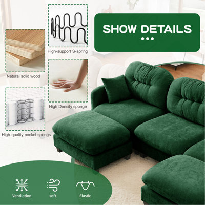 Canapé modulaire en U modulaire avec repose-pieds, tissu en chenille de qualité supérieure, avec 2 coussins décoratifs, conception plissée matelassée en mousse haute densité, facile à installer, convient aux chambres à coucher, aux coins lecture, vert