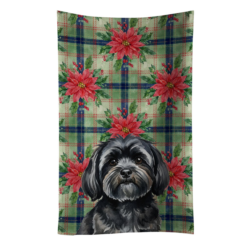Black Lhasa Apso Christmas PoinsettIas Kitchen Towel, Black Lhasa Apso