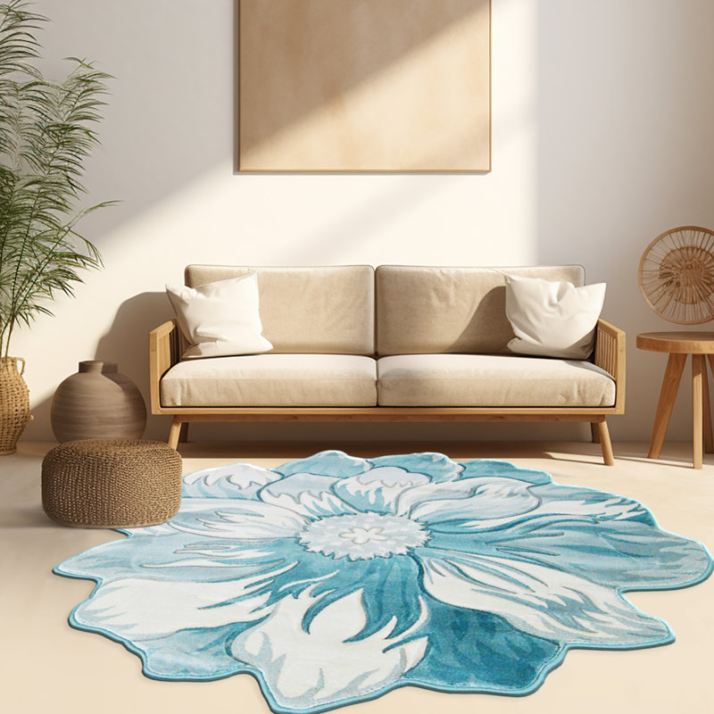 Tapis bleu botanique à effet 3D Impriano Flowers, Nouveauté 5 pi 3 po