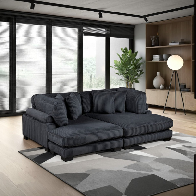 Brinsley 90" Modern Modular Chaise Lounge with Corduroy Fabric, Adjustable Armrests & 4 Pillows, Black Corduroy