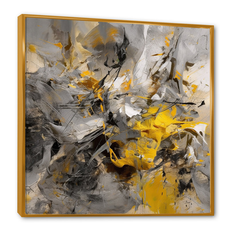 Loughran jaune moutarde et gris vif III - impressions sur toile abstraites, Reproduction avec cadre flottant, Doré