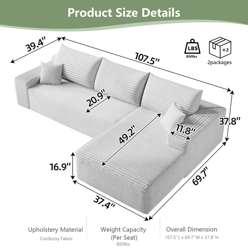Canapé modulaire en L 107 po Cloud, Velours côtelé gris