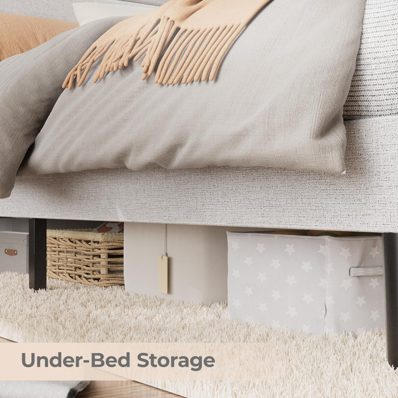 Modern Upholstered Bed Frame with LED Headboard, Charging Station, 2-Tier Storage, Wooden Slat Support, Noise-Free, Easy Assembly, Queen Size, Light Neutral