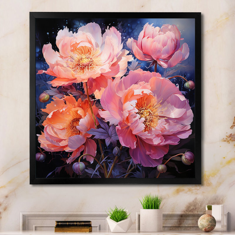 Rose pivoines sérénade III - impression, Cadre simple noir, H 16 po x l 16 po x P 1 po