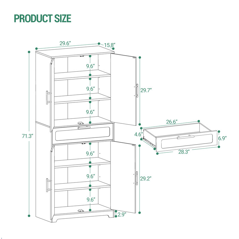 Shannara 71" Kitchen Pantry Cabinet, Tall Storage Cabinet with Adjustable Shelves, 1 Drawer, 4 Doors, Freestanding Cupboards Sideboard for Dining Room, Living Room, Kitchen, White